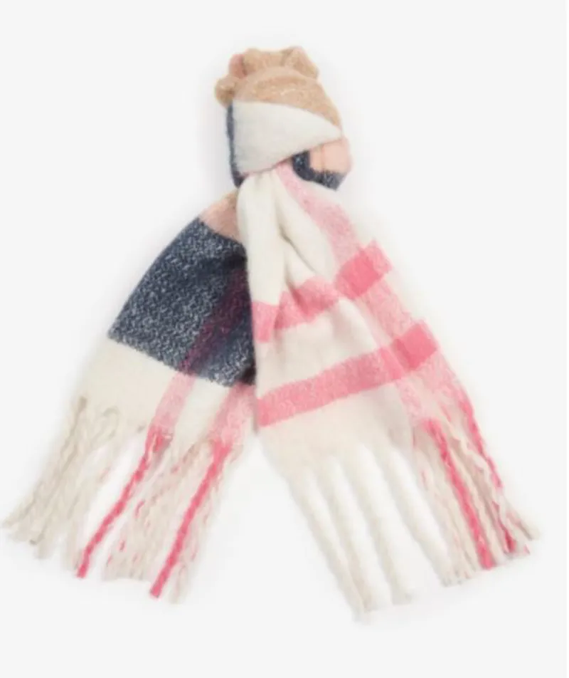 Barbour Isla Boucle Scarf in Pink and Hessian Check